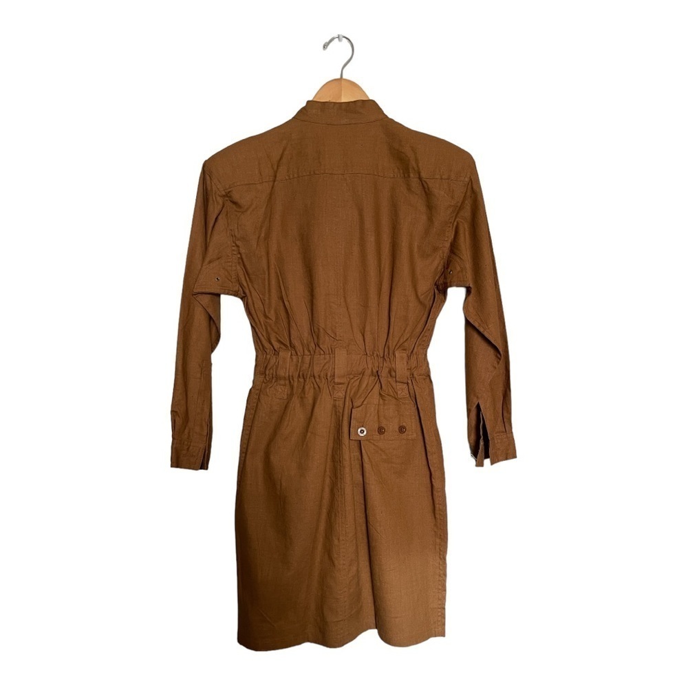 Vintage 80s Linen Safari Shirt Dress Tan Belted Utility Style | Size M | NWT - Picture 3 of 12